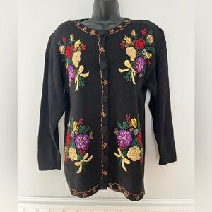 Vintage Embroidered and Beaded Floral Knit Cardigan, Size Small